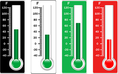 Image showing Red, black, white and green thermometers set isolated