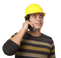 Image showing Hispanic Male Contractor in Hard Hat on Phone Isolated