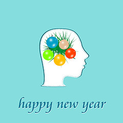 Image showing happy new year balls and fir on man head. holiday concept