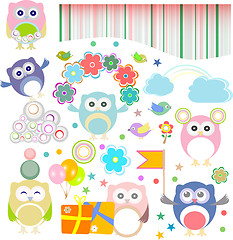 Image showing Set of birthday party elements with owls