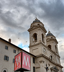 Image showing Metro sign in Rome with Trinity Church in background