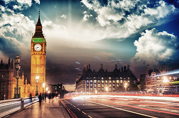 Image showing Beautiful colors of Big Ben from Westminster Bridge at Sunset - 