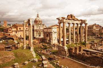 Image showing View of Roman Forum, focus on the Saturn's Temple in foreground.