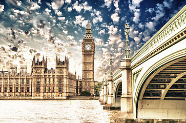 Image showing Landscape of Big Ben and Palace of Westminster with Bridge and T