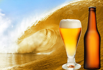 Image showing A beer glass and bottle over beer wave