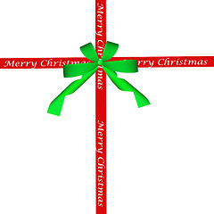 Image showing Green bow and red christmas ribbon