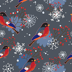 Image showing Winter seamless pattern with bullfinches