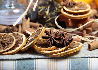 Image showing Cinnamon sticks and dry orange