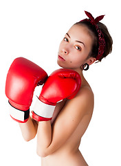 Image showing beautiful nude girl with boxing gloves