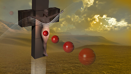 Image showing Woman  crucified end red balls 