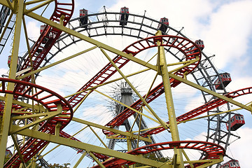 Image showing Roller coaster and large ferris wheel in Prater, Vienna, Austria