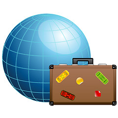 Image showing Travel concept. Blue globe and travel suitcase.