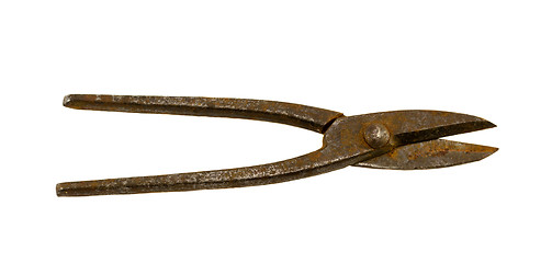 Image showing Retro rusty tin cut pincers pliers tool on white 