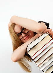 Image showing Portrait of Woman with Stack of Books