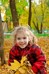 Image showing Little girl with a bunch of yellow leaves