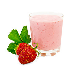 Image showing Milkshake with strawberry and a leaf