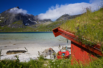 Image showing Fishing hut by fjord