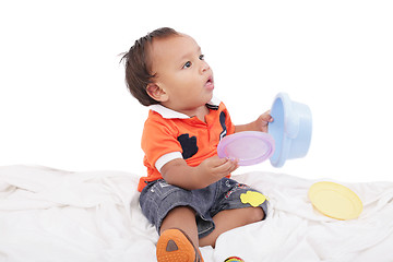 Image showing Adorable One Year Old Boy Playing Toy Isolated 