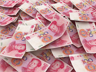 Image showing Chinese 100 Yuan bill face within pile of other 100 Yuan bills 