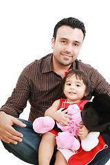 Image showing Father and daughter smiling - isolated over a white background 