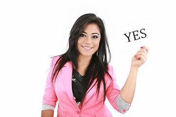 Image showing happy portrait young woman with board YES