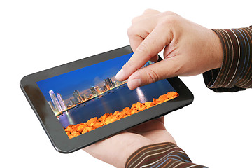 Image showing Man hands are pointing on touch screen device 