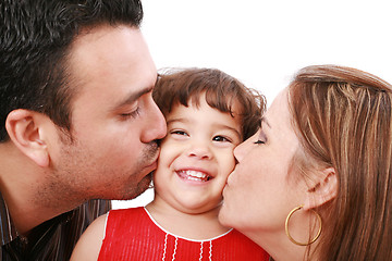 Image showing Parents giving their daughter a kiss. 