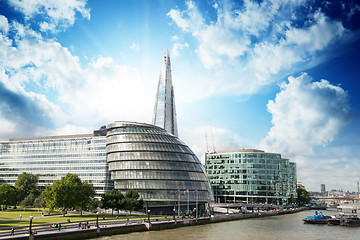 Image showing New London city hall with Thames river and cloudy sky, panoramic