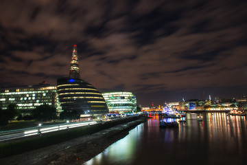 Image showing London Cityscape, including City Hall and River Thames at Night,