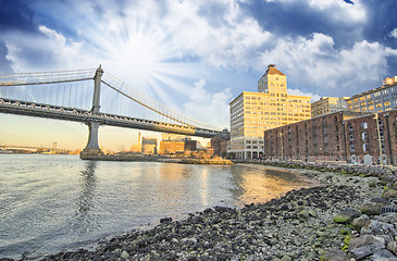 Image showing Beautiful sunset colors in New York - Manhattan Bridge view