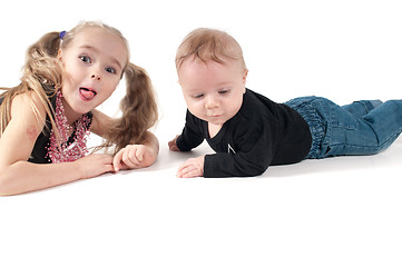 Image showing Newborn baby boy with sister