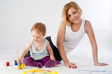 Image showing Pretty young mother and daughter drawing