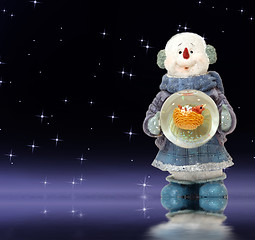 Image showing Christmas card, adorable snowman at night