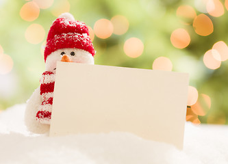 Image showing Cute Snowman with Blank White Card Over Abstract Background