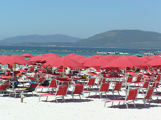 Image showing Red parasols on summer beach