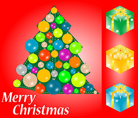 Image showing red christmas card with gift, tree and bauble