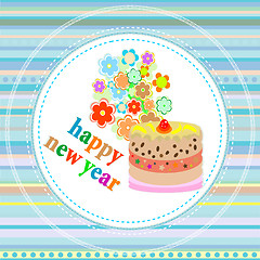 Image showing flowers and christmas greetings, new year card with a cake