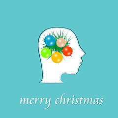 Image showing merry christmas blue background with balls and fir on woman head