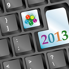 Image showing Happy new year word on keyboard button and fir and balls