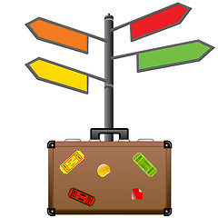 Image showing Street sign and travel suitcase. Tourism concept.