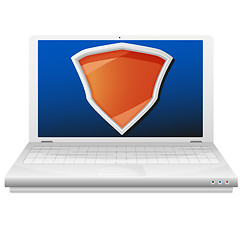 Image showing Security concept. Laptop computer and orange shield. 
