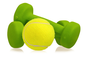 Image showing Tennis ball and dumbbells