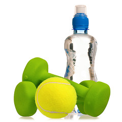 Image showing Tennis ball with dumbbells and water