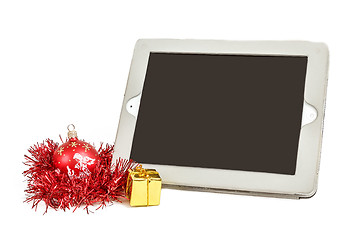 Image showing gift white tablet with Christmas ball, box and red chain