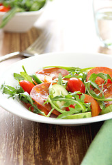 Image showing Sausage or Chorizo  with Rocket salad 