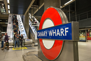 Image showing LONDON - SEP 27: The London Underground sign outside the Canary 