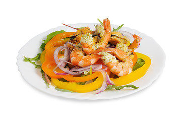 Image showing Salad with shrimp, mussels, bell pepper