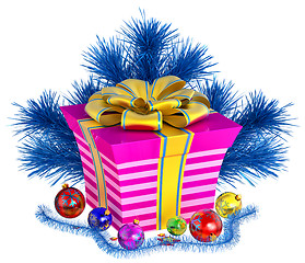 Image showing Christmas tree toys and gift with golden bow