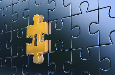 Image showing Last golden piece of metallic puzzle with keyhole