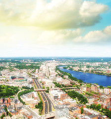 Image showing Boston Aerial view with cloudy sky, Massachusetts